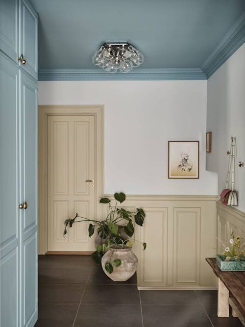 hal met witte muur, lichtblauw plafond en inbouwkast en creme kleurige lambrisering en deur